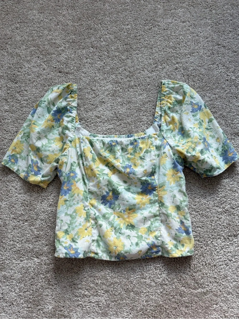 Abercrombie & Fitch Yellow and Blue Floral Square-Neck Puff Sleeve Top